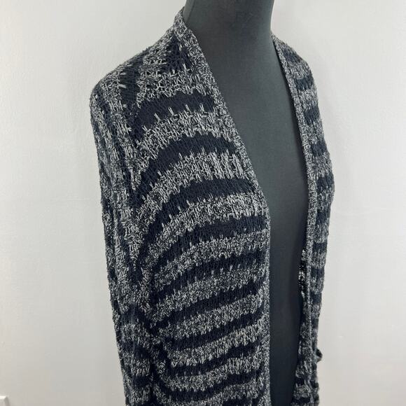 Free People Black Gray Striped Knit Open Front Long Sleeve Cardigan Sweater XS - Picture 3 of 6